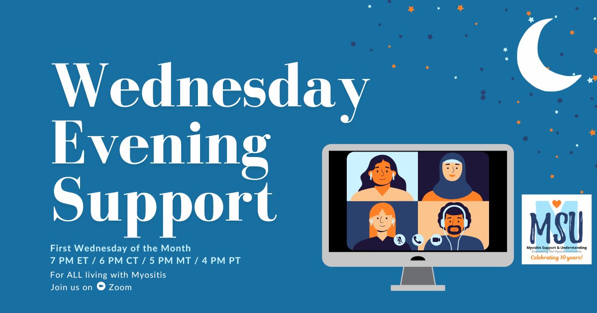 MyositisSupport's tweet image. If you are living with #myositis, no matter which type, join us on Zoom for our Monthly Wednesday Evening Zoom support session! Come as you are!  New Time! Starts at 7 PM ET/ 6 PM CT/ 5 PM MT/ 4 PM PST. For details and to register: understandingmyositis.org/event/myositis…
 #myositissupport #MSU