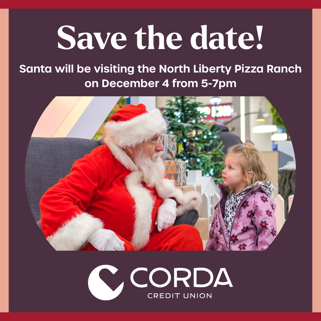Corda invites you to stop by Pizza Ranch in North Liberty for holiday fun and a visit with Santa!🎅 Join us on December 4 from 5-7pm. Kids 12 and under eat free with the purchase of an adult buffet, courtesy of Corda. No RSVP needed. This event is open to the public!