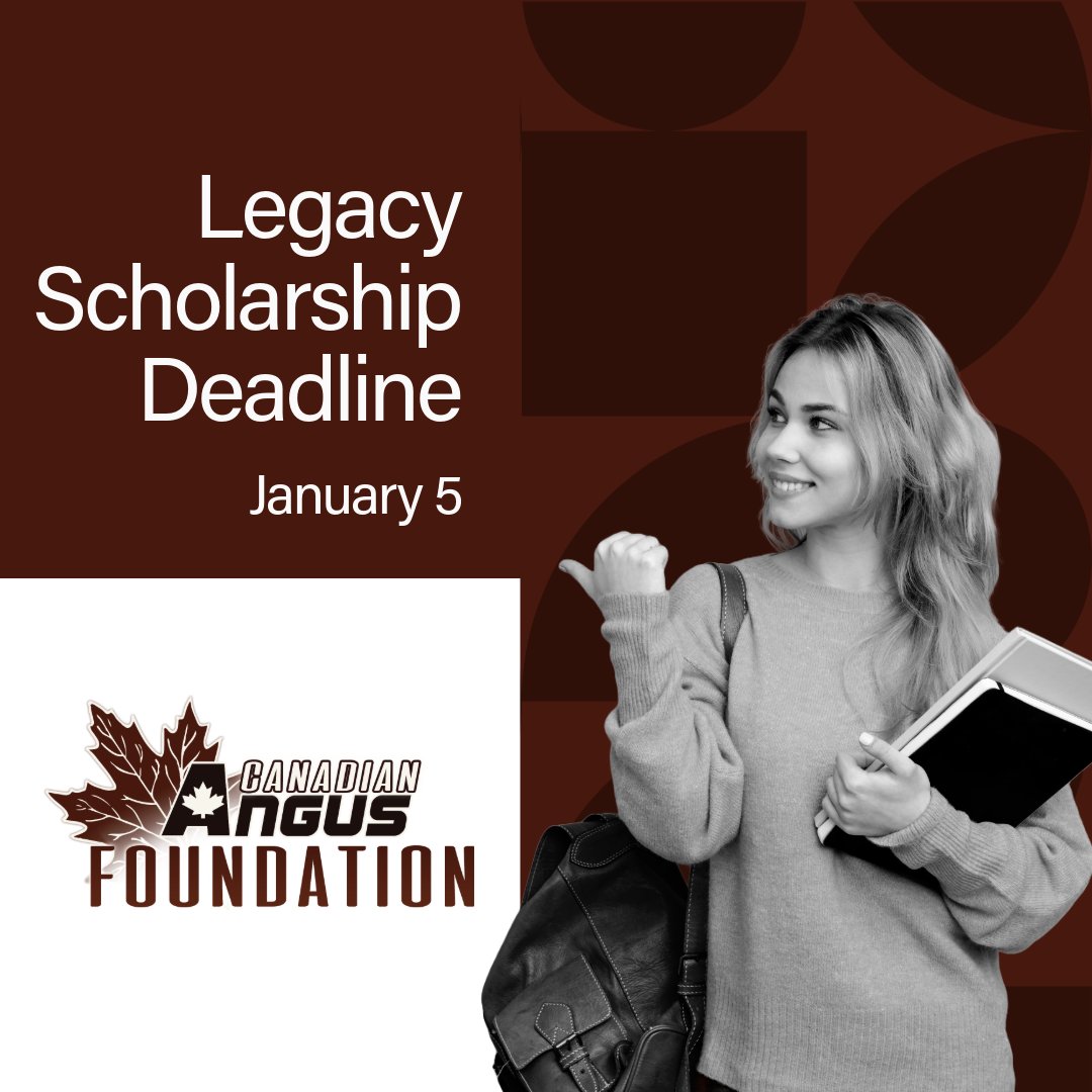 Attn #cdnangus Juniors: the #canadianangusfoundation Legacy Scholarship deadline is Jan 5. Visit cdnangus.ca/foundation/sch… for more info and to apply.