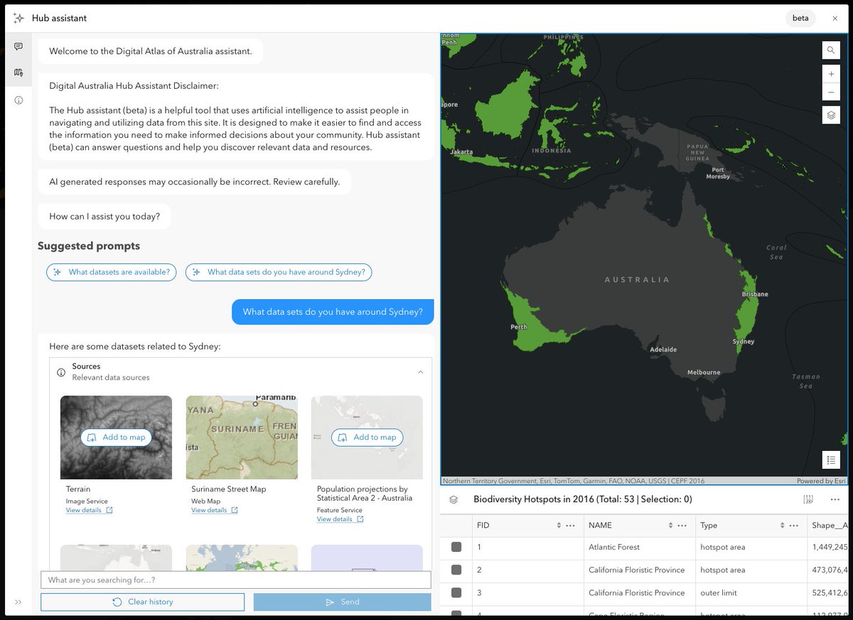 The ArcGIS Hub assistant (beta) is now available. This new feature uses generative artificial intelligence to provide your site’s users with tailored support in answering their questions pertaining to all available public datasets on your hub site. ow.ly/pZ5950Xnlnn