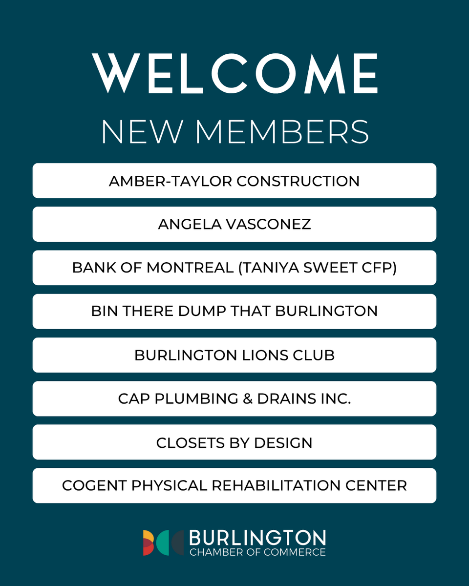 burlingtoncofc's tweet photo. Welcome to our newest members! The Burlington Chamber is growing... and so are our members’ businesses.
#BurlingtonCofC #ConnectingLeaders #CreatingOpportunity #ActiveAdvocacy #BurlOn #BurlOnBiz #BCC #ChamberNetwork https://t.co/REXTb8ePp4