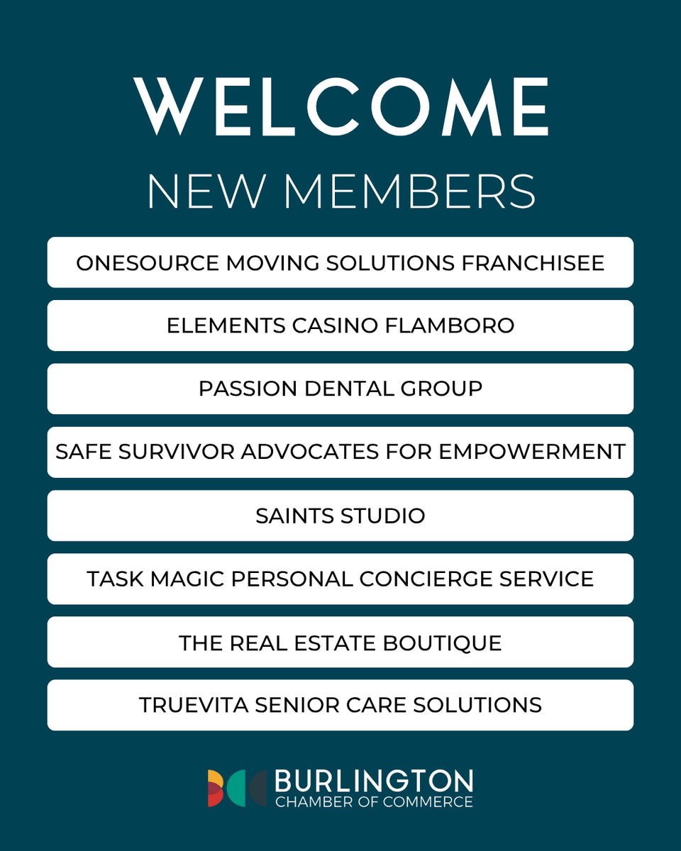 Welcome to our newest members! The Burlington Chamber is growing... and so are our members’ businesses.

#BurlingtonCofC #ConnectingLeaders #CreatingOpportunity #ActiveAdvocacy #BurlOn #BurlOnBiz #BCC #ChamberNetwork