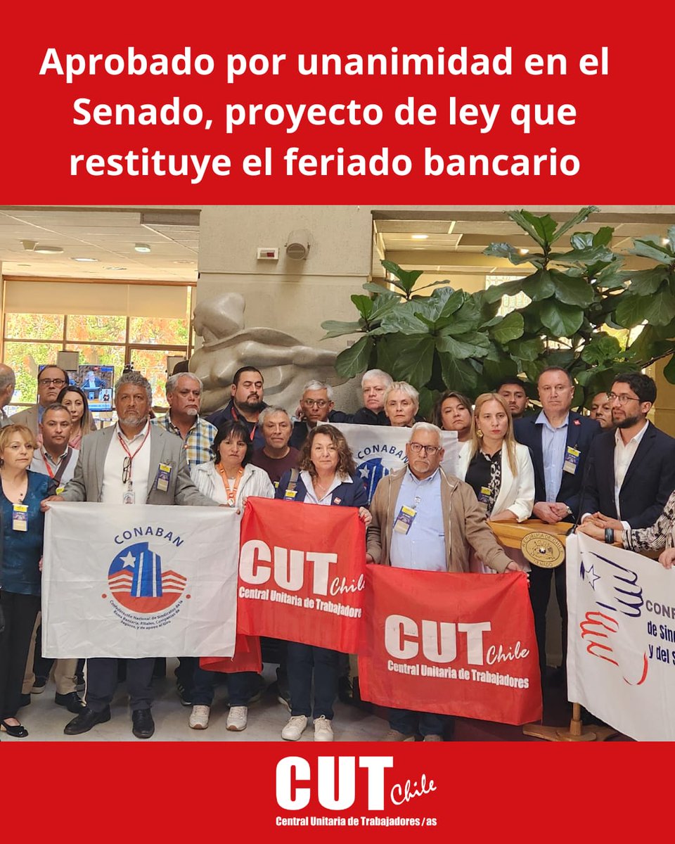 La Ramal Bancaria de la CUT y Conaban estuvieron presentes en la votación del Senado, que aprobó por unanimidad el proyecto que restituye el feriado bancario y la prohibición de trabajar los sábados.
Esta iniciativa, que ahora continúa su trámite en la Cámara de Diputadas y