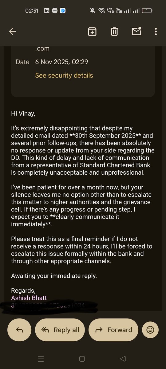AshishBhat4227's tweet image. @StanChart @StanChartHelp
Pathetic service! Been chasing a Demand Draft since 9th Sept, even mailed Vinay on 30th Sept — no reply till now.

Is this how a “global bank” works? Need to tag @RBI next?

#StandardChartered #BankingFailure #CustomerNegligence #SCB