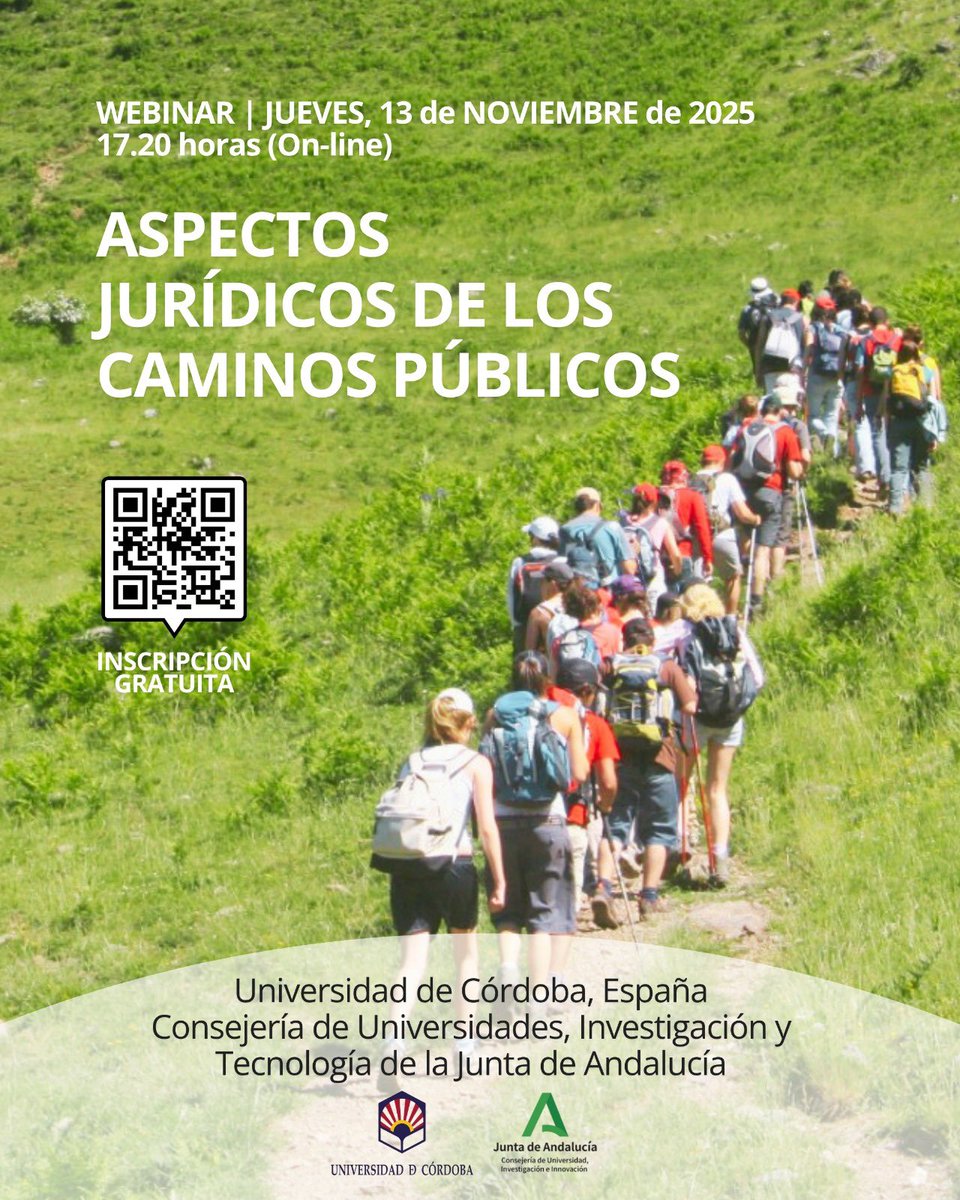SOSViaRural's tweet image. 🗣️La @Univcordoba organiza seminario “Aspectos jurídicos de los caminos públicos”, con apoyo de @AndaluciaJunta
🗓️ Jueves 13 de noviembre | 17:20 h (online)
Un espacio para analizar la protección y gestión de estos bienes de dominio público.
🔗 Inscripción docs.google.com/forms/d/e/1FAI…