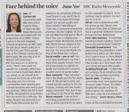 The Face Behind the Voice in next week's <a href="/RadioTimes/">Radio Times</a> is June Yee, who's been on the BBC's Chinese programme, "Orient Express", since 1988, quite a record.  She'll never read this because she doesn't do social media!
