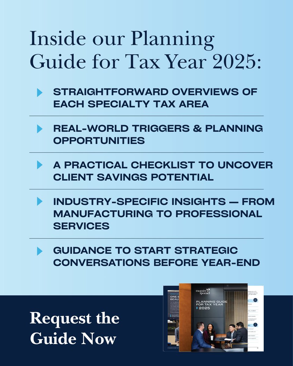McGuire Sponsel’s Planning Guide for Tax Year 2025 is here.

Get clear, actionable insights across R&amp;D, #CostSegregation, #PropertyTax, #TransferPricing &amp; more to guide clients with confidence.

Request your copy: bit.ly/3Wjnvqy

#TaxPlanning