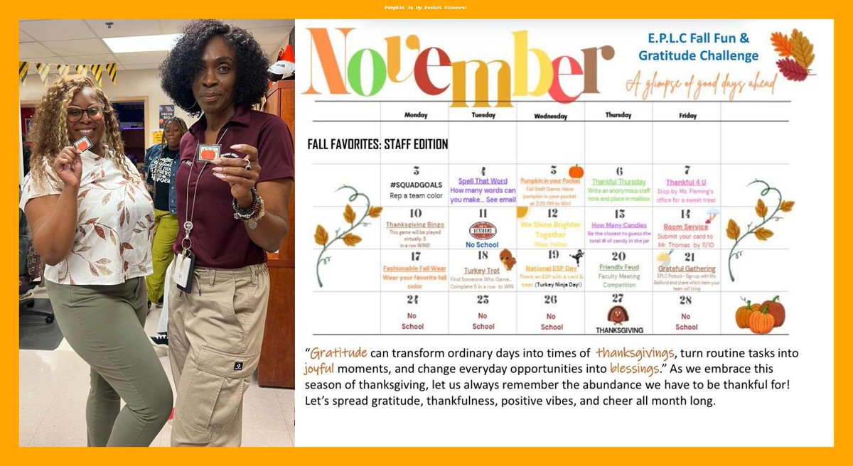 EPLC_bcps's tweet image. 🎃 Pumpkin in My Pocket Winners! 🎃Shout-out to our staff who were quick, sharp, and ready to WIN today! 😄This Fall Fun challenge kept the smiles big and the energy high.We love celebrating teamwork, laughter, and a little friendly competition! 
#FallFun  @baugh_dr90223 @BcpsSto