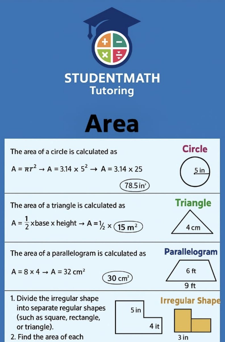 studentmathtuto's tweet image. 🌟 AREA CRIB SHEET - Y8 - FOR CIRCLE/TRIANGLE/PARALLELOGRAM/TRAPEZIUM/COMPOUND SHAPES 🌟 #studentmathtutoring #MicrosoftTeams#GCSE #maths #online #interactive #revision#makelearningfun #tutoring #ks2 #ks3 #ks4
