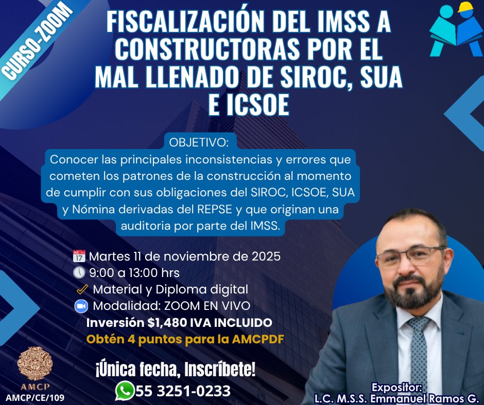 AFICasesoria's tweet image. 🚧 Evita sanciones del #IMSS por errores en #SIROC, #SUA o #ICSOE.
Aprende cómo prevenir auditorías y cumplir correctamente con tus obligaciones.
📅 11 nov | 💻 Zoom en vivo | 🎓 Diploma digital   
Inscríbete hoy mismo 👉 wa.link/tabzj9