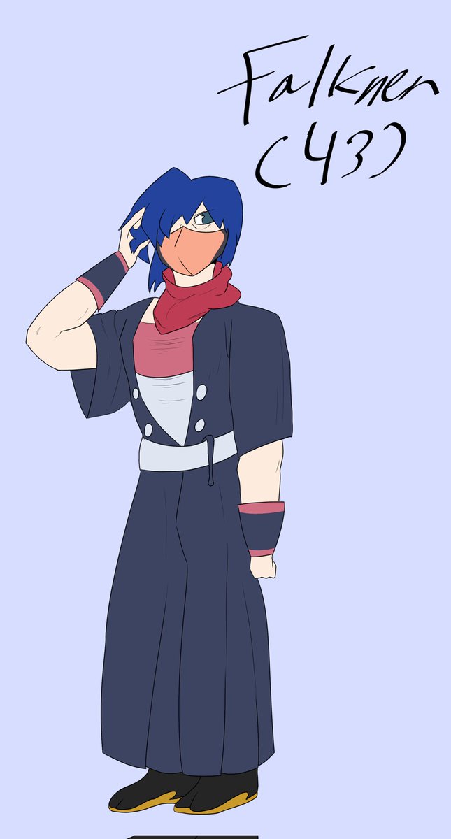 TeebsBeebs's tweet photo. For today's #WhitneyWednesday, I'm continuing to develop my timeskip verse.
Here's Falkner. He's been afflicted by a hereditary disease that causes him trouble breathing and gives him the chills, so he's taken to wearing a mask and wearing warmer clothing. https://t.co/yJKVG9rEO2