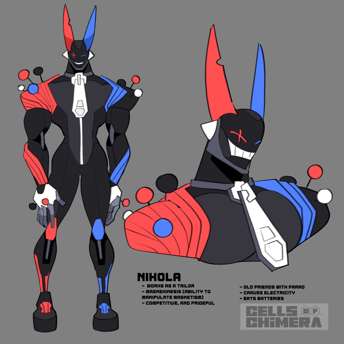 my current new guy, Nikola! Wanted to play around with magnetism as a theme, but he's also a tailor.