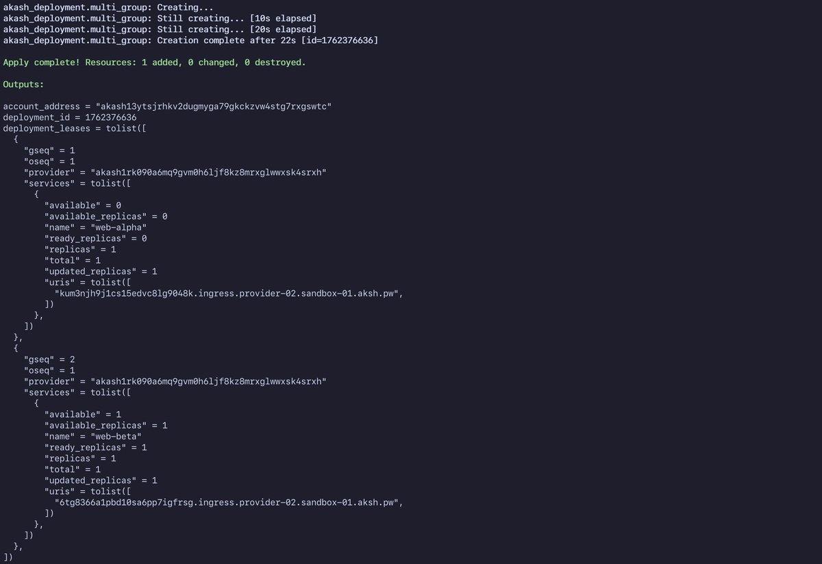 🚀 Excited to share that the <a href="/akashnet/">Akash Network</a> Terraform Provider is now fully migrated to the new Akash Network API!
All previous functionality is now migrated with some improvements such as support for multi-group deployments and faster lifecycle.
I’m continuously working to make the