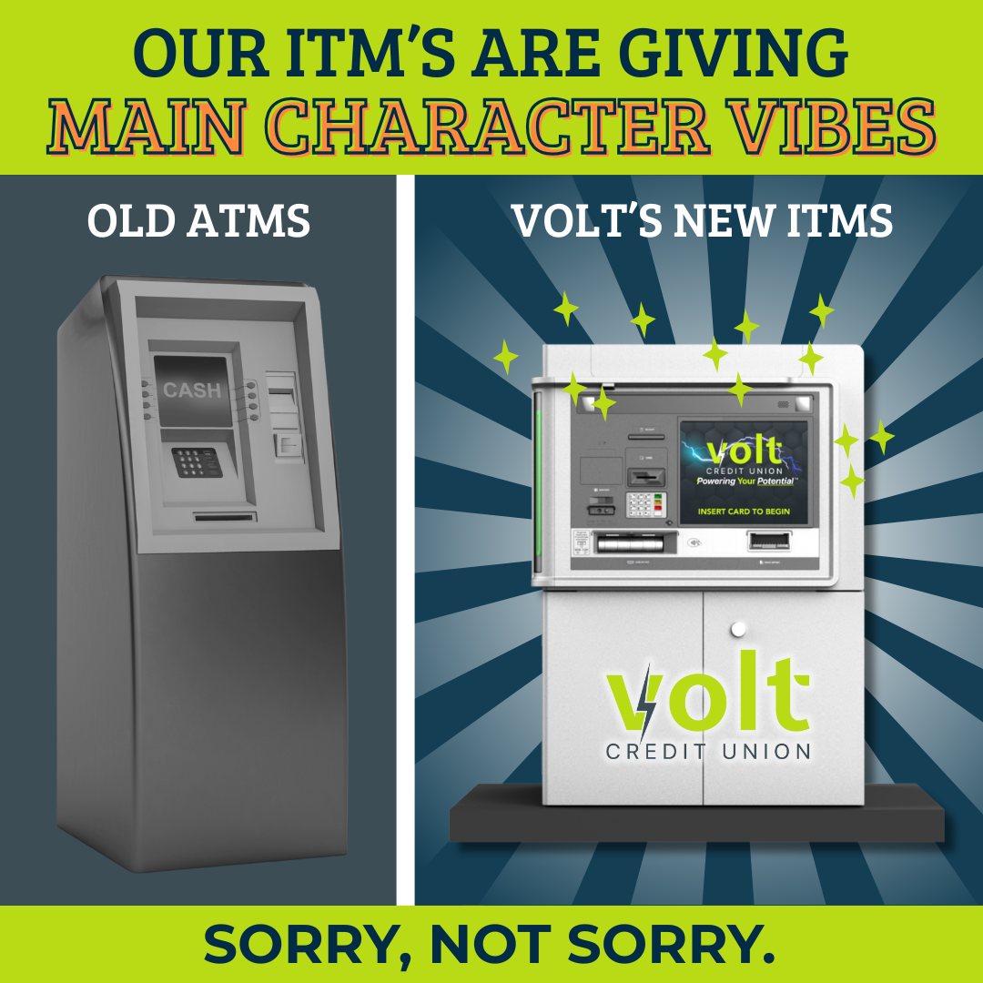 Old ATMs: “Please insert your card.”
Volt ITMs: “Hey bestie, what can I help you with today?” 

✨Main character banking✨ hits different.

Tap. Talk. Boom. Done. ⚡
Learn more: voltcu.org/contact-us/itm/

#MainCharacterBanking #VoltCU #SorryATMs #BankDifferent
