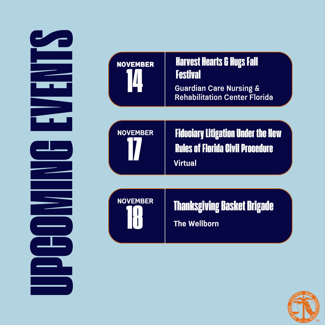 November is full of ways to connect, collaborate &amp; grow with the OCBA — from CLEs to community events.

Check out the full calendar &amp; save your spot today ⬇️
bit.ly/OCBAEvents
#OCBACommunity #CLE