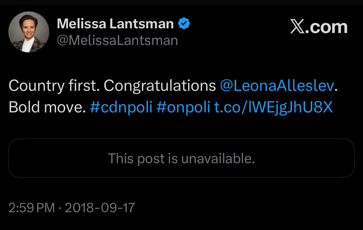 Wow, is that really Melissa Lantsman extending congratulations to Leona Alleslev—the former Liberal MP who crossed the floor to the CPC? 

Cue the anticipated conservative wave of fake outrage. Hey Mel, don’t forget, there’s always a tweet boo! <a href="/MelissaLantsman/">Melissa Lantsman</a> 😘😂