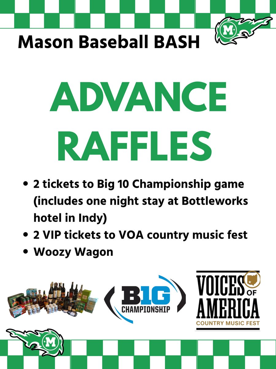 MasonHSBaseball's tweet photo. As the annual Mason Baseball BASH is approaching we encourage everyone to purchase a ticket for our advance raffles.

Use the link below to purchase!
—> https://t.co/DUlMOEZ9bb https://t.co/GylcwhQFrP