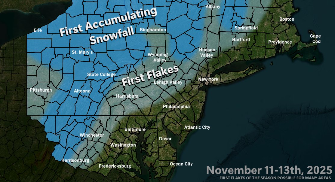 It seems like many areas next week will see their first flakes or perhaps their first accumulating snow in the higher elevations of West Virginia, Maryland, Pennsylvania, New York, and into New England as a trough dips into the Northeast bringing arctic air along with it. There's