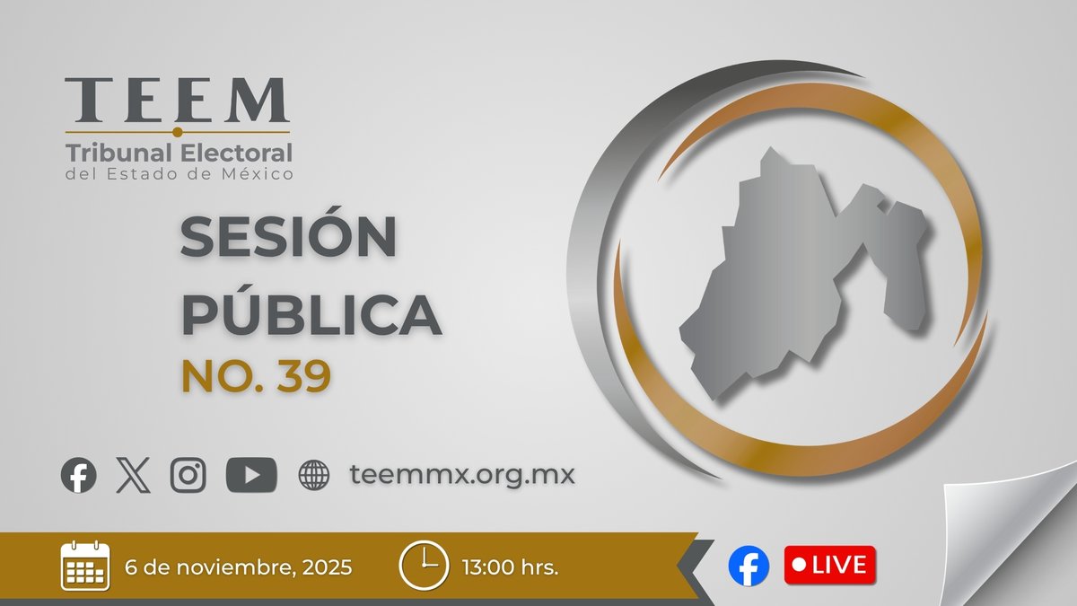 📢 El Pleno del #TEEM te invita a seguir la Sesión Pública No. 39, este jueves 6 de noviembre, a las 13:00 hrs. ⚖️
🔴 Sigue la transmisión #EnVivo a través de Facebook o nuestro YouTube 📱
youtube.com/@teemmx?si=YjS…
✅ Consulta los asuntos aquí 👇
teemmx.org.mx/docs/sesiones/…