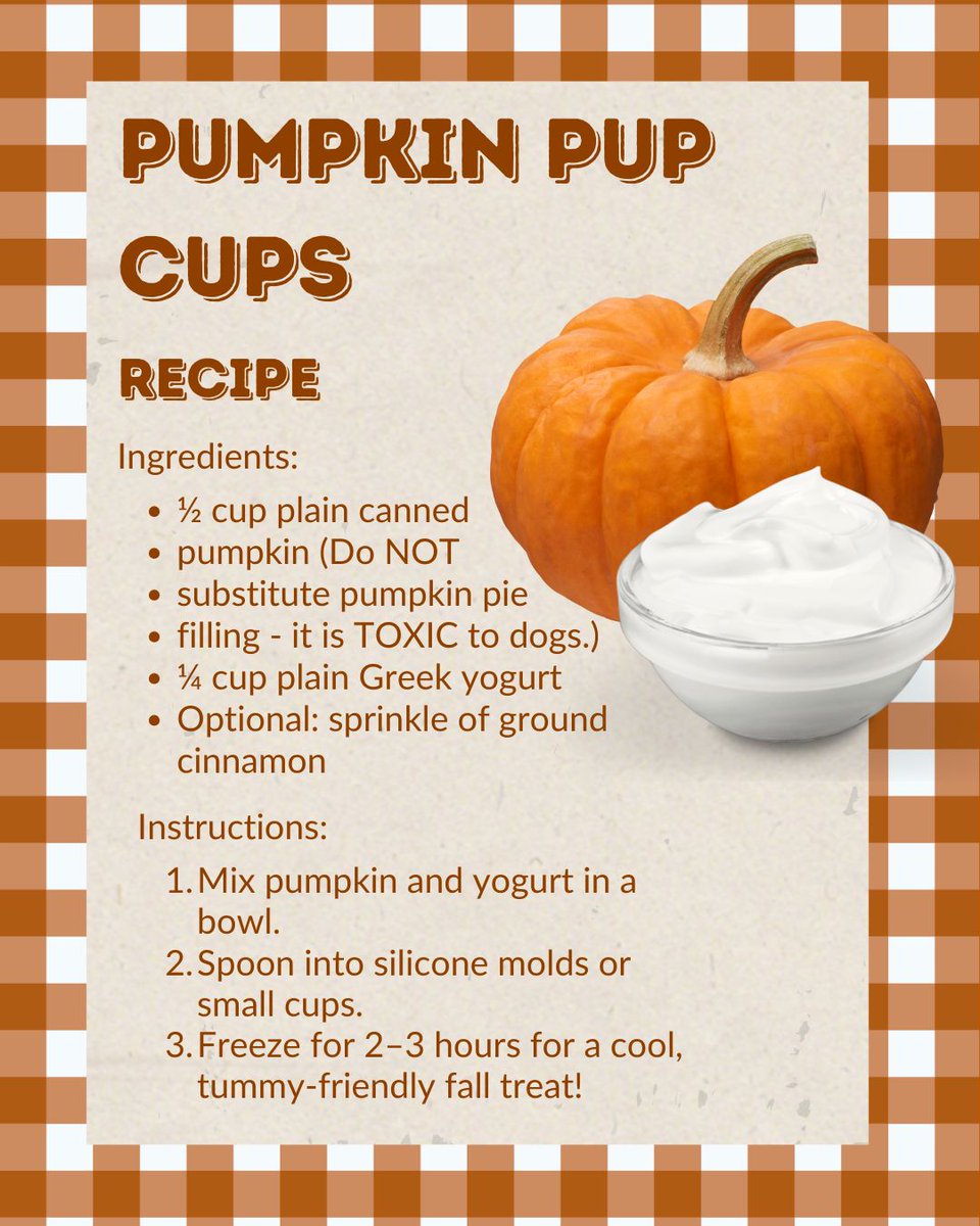 It’s time for another Fall Recipe of the Week! 🍂🐾

This week, we’re whipping up Pumpkin Pup Cups — the perfect cozy, cool-weather treat for your furry friend. 🎃💛