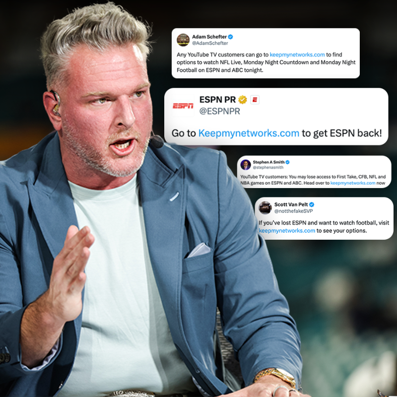 FOS's tweet photo. Pat McAfee has had enough of ESPN telling viewers to fix the Disney-YouTube TV dispute.

McAfee took direct aim at ESPN's use of other major personalities, such as Stephen A. Smith and Scott Van Pelt, to direct people to a Disney website aimed at putting pressure on YouTube TV.