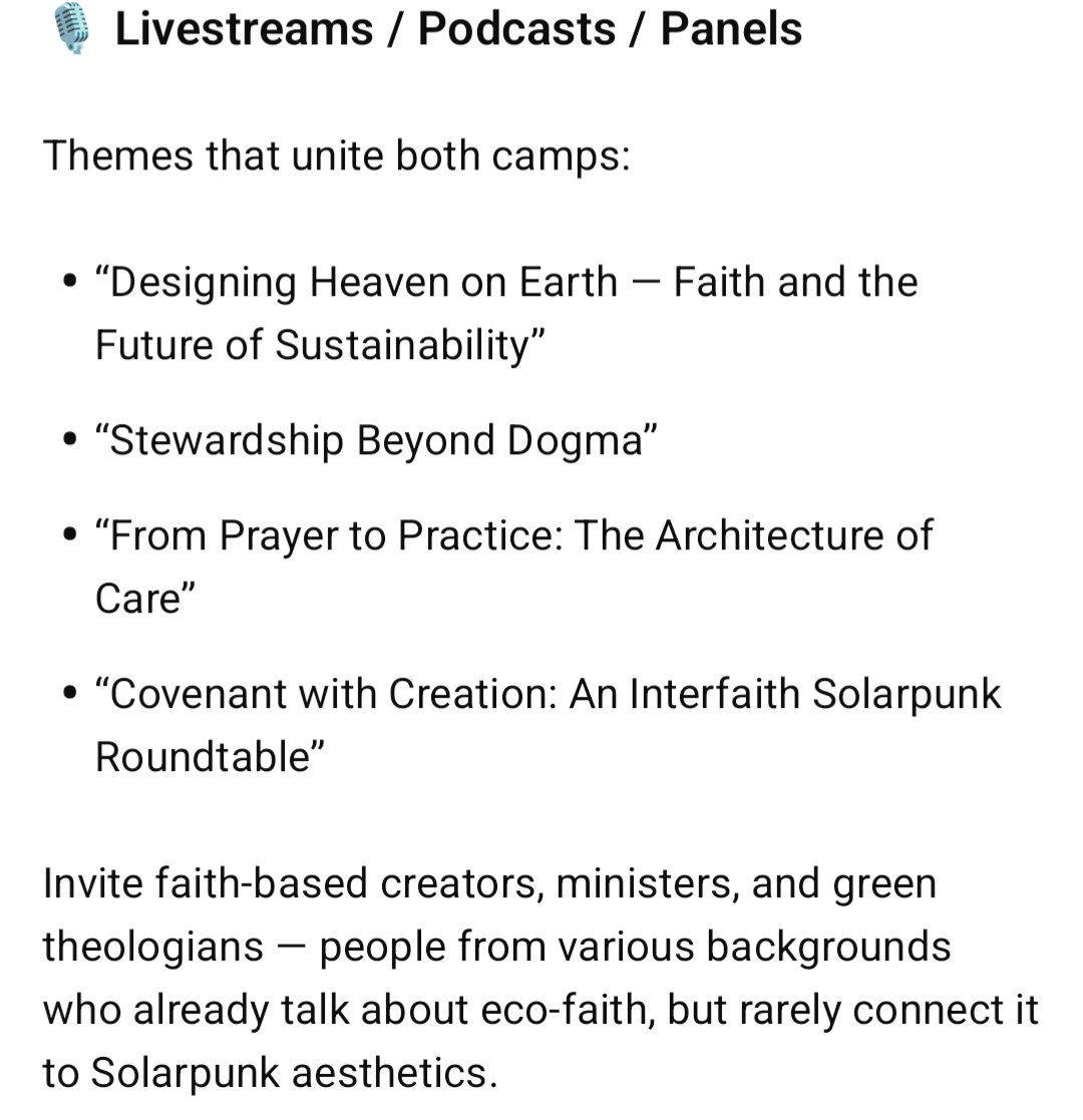 KeeperOfEarth's tweet photo. Religion X Solarpunk Livestream/Podcast/Panel Title Ideas(please collaborate and merge projects—dont compete/diverge/fork)

#FaithInAction
#CreationCare
#EcoFaith
#RegenerativeFaith
#SolarpunkChurch
#InterfaithSolarpunk
#SacredEcology
#HeavenOnEarth
#CircularFaith
#DesigningEden https://t.co/JBhZaUU5cj