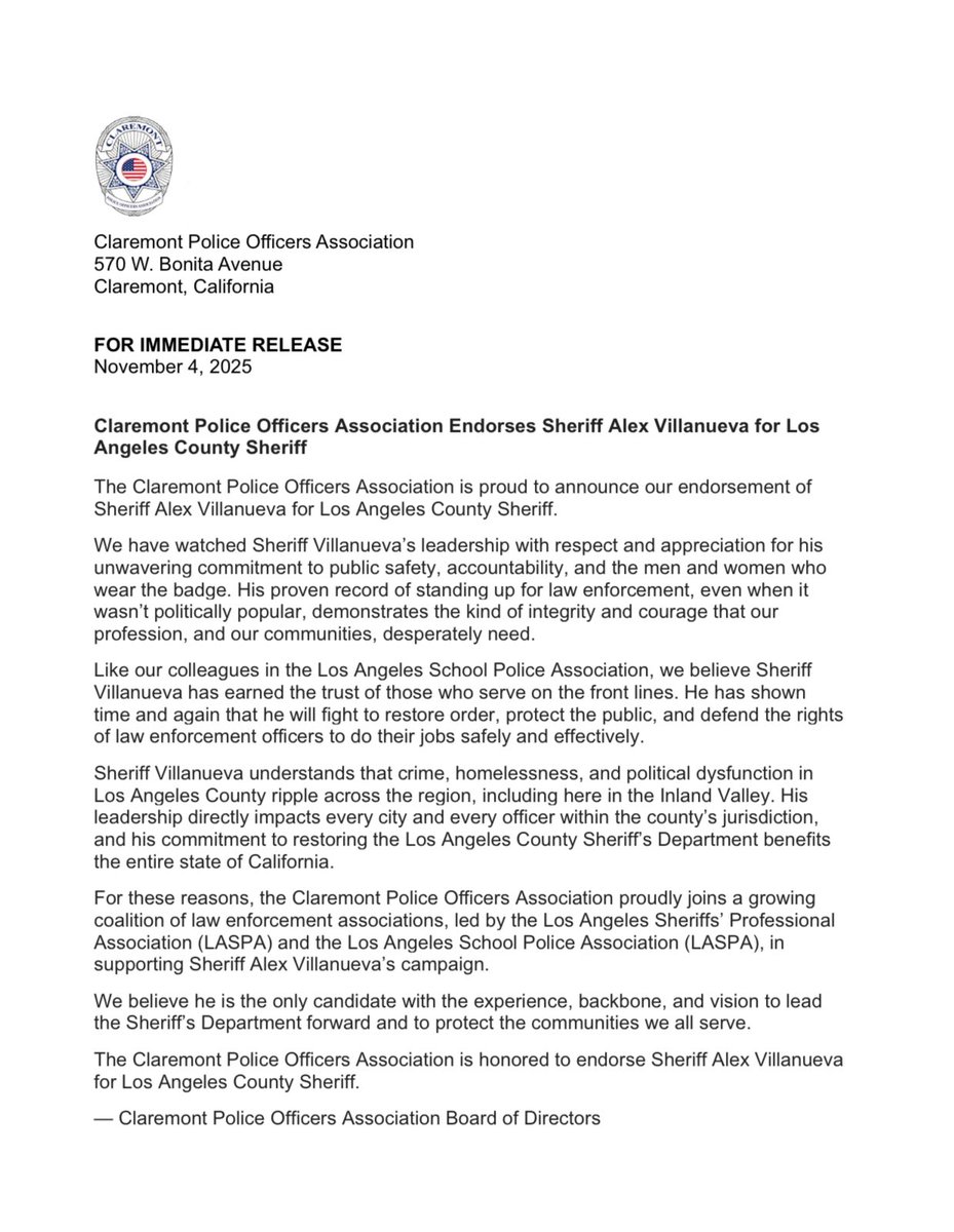Another strong voice joins our growing coalition of law enforcement professionals. Thank you to the Claremont Police Officers Association for standing with us as we work to bringing leadership back to the Sheriff’s Department.