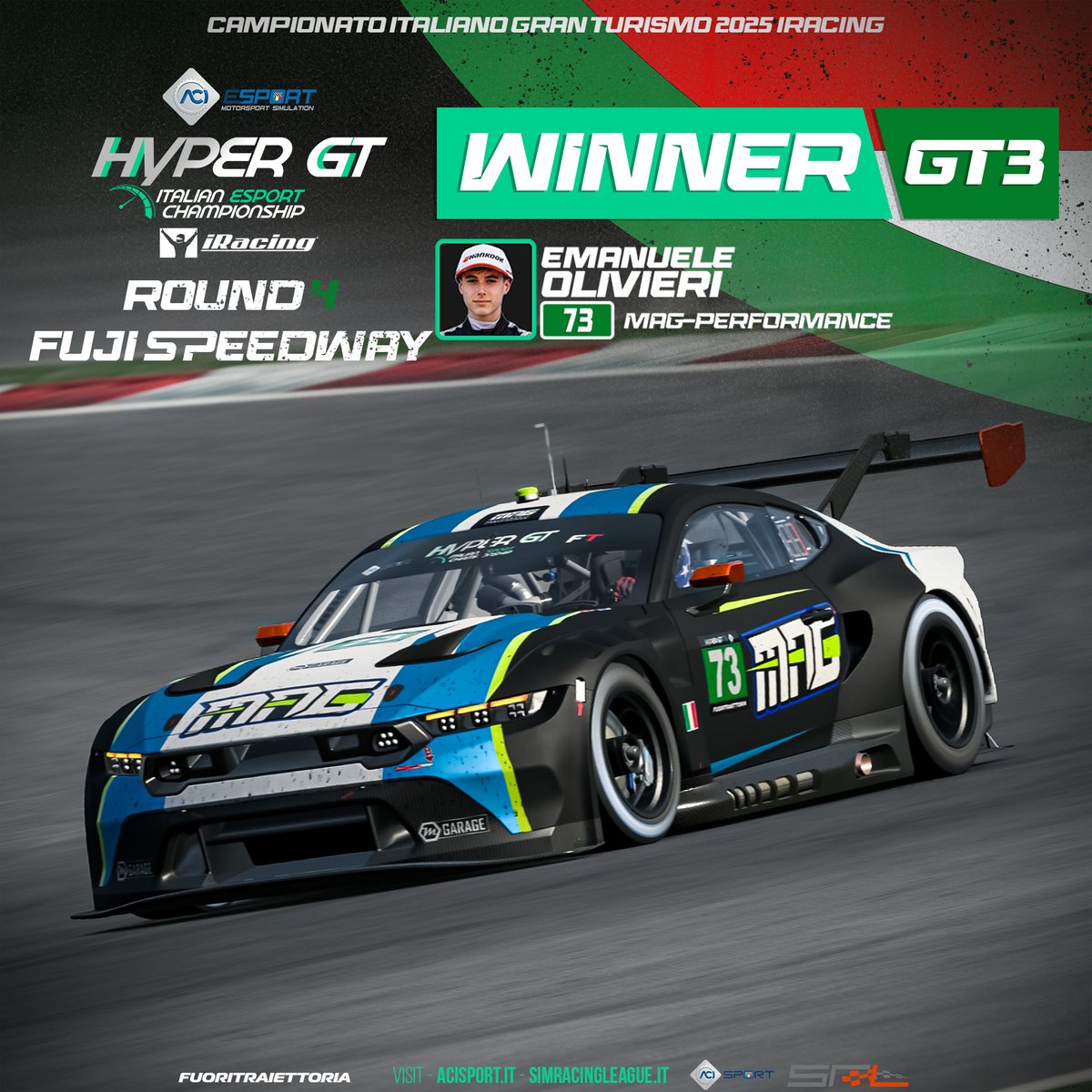 🇯🇵 Prima vittoria stagionale per Emanuele Olivieri al Fuji!
Duello ad alta quota con il compagno Bristot, che chiude 2°.
La MAG-Performance firma un’altra doppietta e, per la prima volta, Bristot non è imbattuto. 🔥
#HyperGT #SimRacing #iRacing #ACIESport