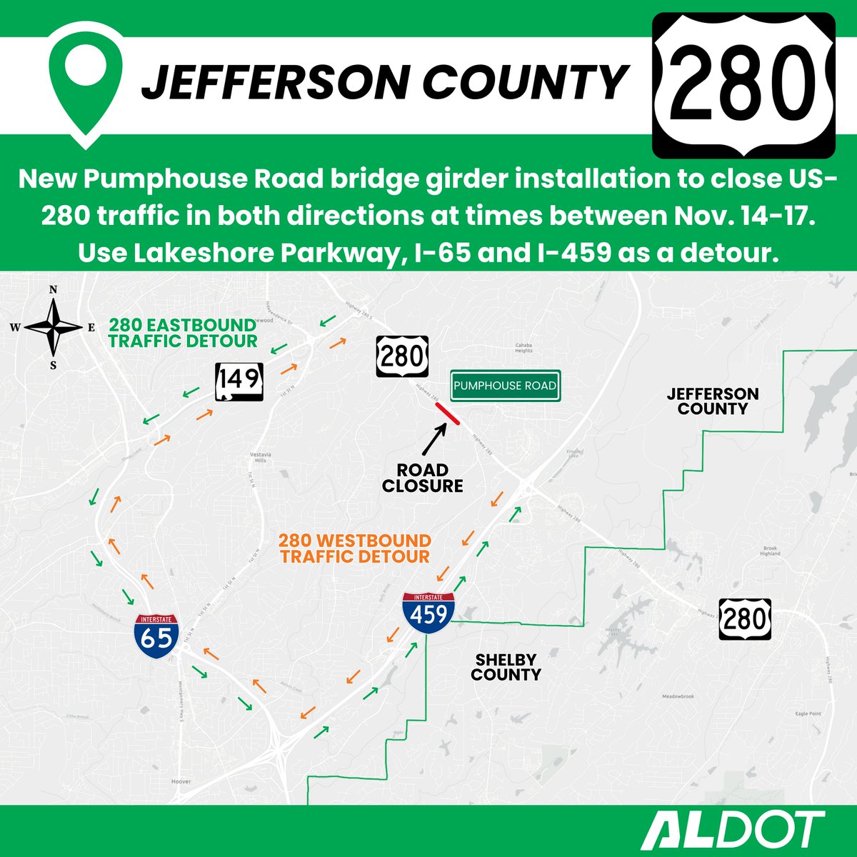 US-280 SHUTDOWN: <a href="/ALDOT/">ALDOT</a> will close traffic at Pumphouse Road the weekend of Nov. 14-17.

Eastbound lanes will be closed from 11pm Fri., Nov. 14 through 6am on Mon., Nov. 17.  

Westbound lanes shut down 11pm-5am Fri.-Sun. nights.   

Crews are installing new bridge girders.