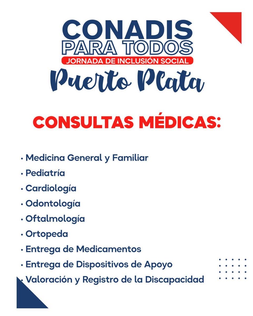 ConadisRD's tweet photo. ¡Atención Puerto Plata! 🌊

Nuestra próxima Jornada de Inclusión Social “CONADIS para Todos” llega a la Novia del Atlántico, con el objetivo de seguir acercando los servicios y programas del Consejo Nacional de Discapacidad (CONADIS) a las personas con discapacidad y sus familias https://t.co/w8u6N6rbut