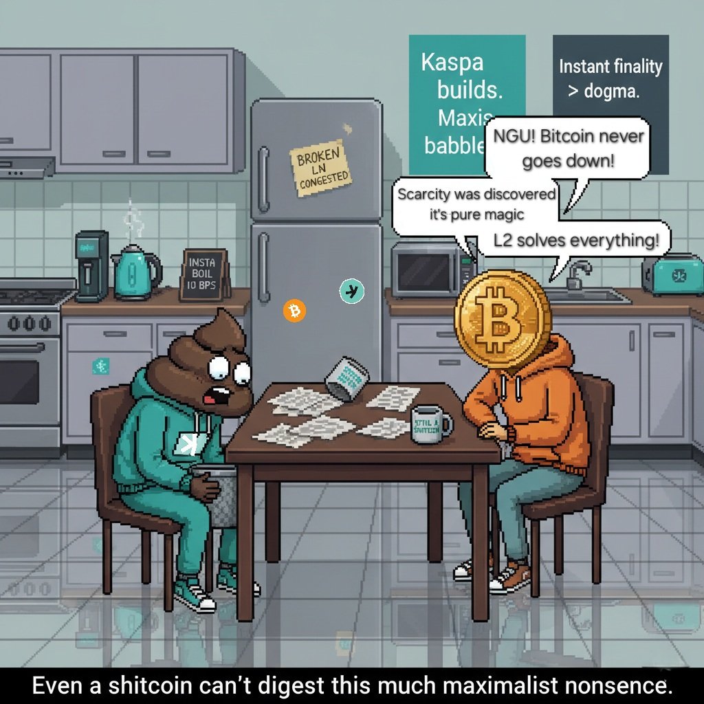 Kaspa_is_Shite's tweet photo. I can handle volatility, trolls and bear markets. But blind faith cosplaying as fact? That'll have me reaching for a bucket.

This shitcoin prefers physics over marketing gimmicks.

$kas is still $shite though right? https://t.co/Y97pVyU3ks