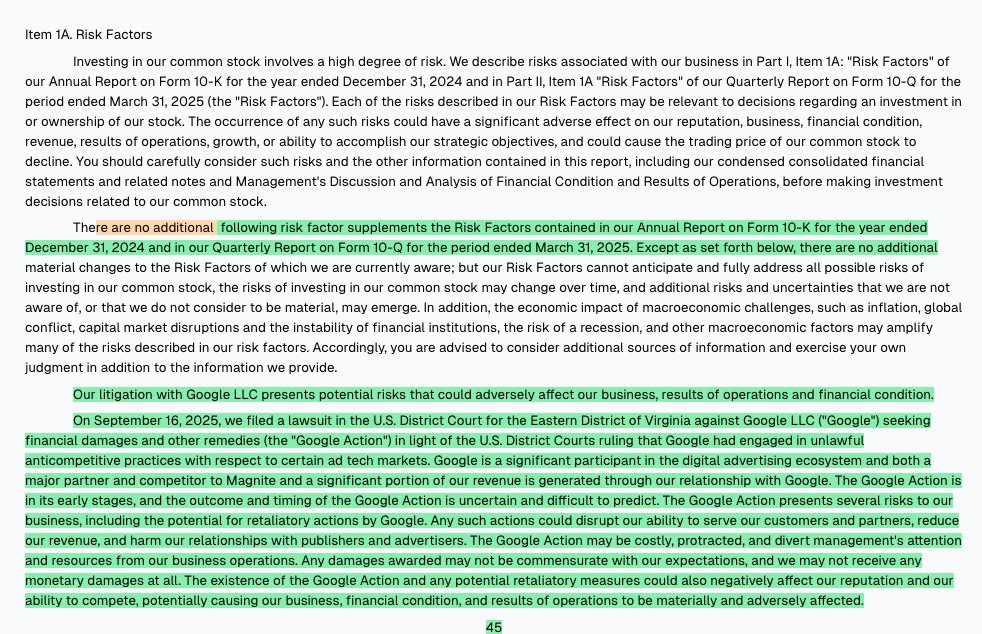 d__risk's tweet image. $MGNI - Magnite Inc. Common Stock - 10Q - Updated Risk Factors

MGNI flags new litigation with Google as a risk that could negatively impact its business, operations, and financial health. #AdvertisingTechnology #DigitalAdvertising #GoogleDispute #FinancialImpact #LitigationRisk…