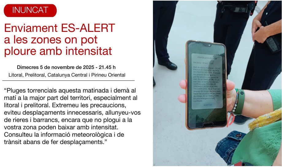 🚨 #ESAlert enviat per risc de pluges intenses.
👉 Evita desplaçaments
👉 No t’acostis a rius ni rieres
👉 Segueix info oficial: <a href="/emergenciescat/">Protecció civil</a> <a href="/meteocat/">Meteocat</a>
 Prudència! 🌧️⚠️