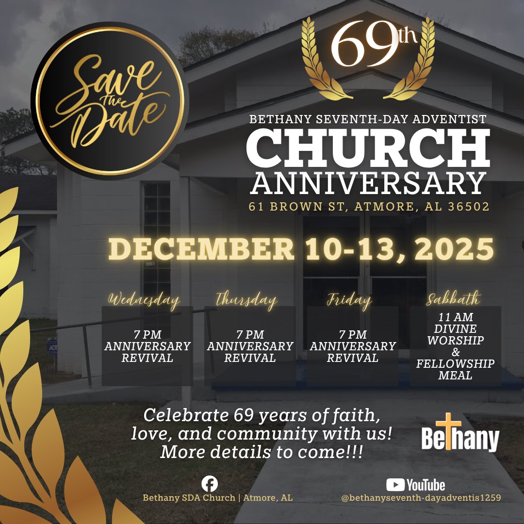JSSDAC's tweet image. 🗓️ Mark your calendars!!!

⭐️ BSDAC (our sister church) will be celebrating 69 years of faith and service in the Atmore, Alabama community!

⭐️ Join us for 4 days of revival, worship and fellowship!!!

#BethanySDAChurch #Atmore #Alabama #SDA