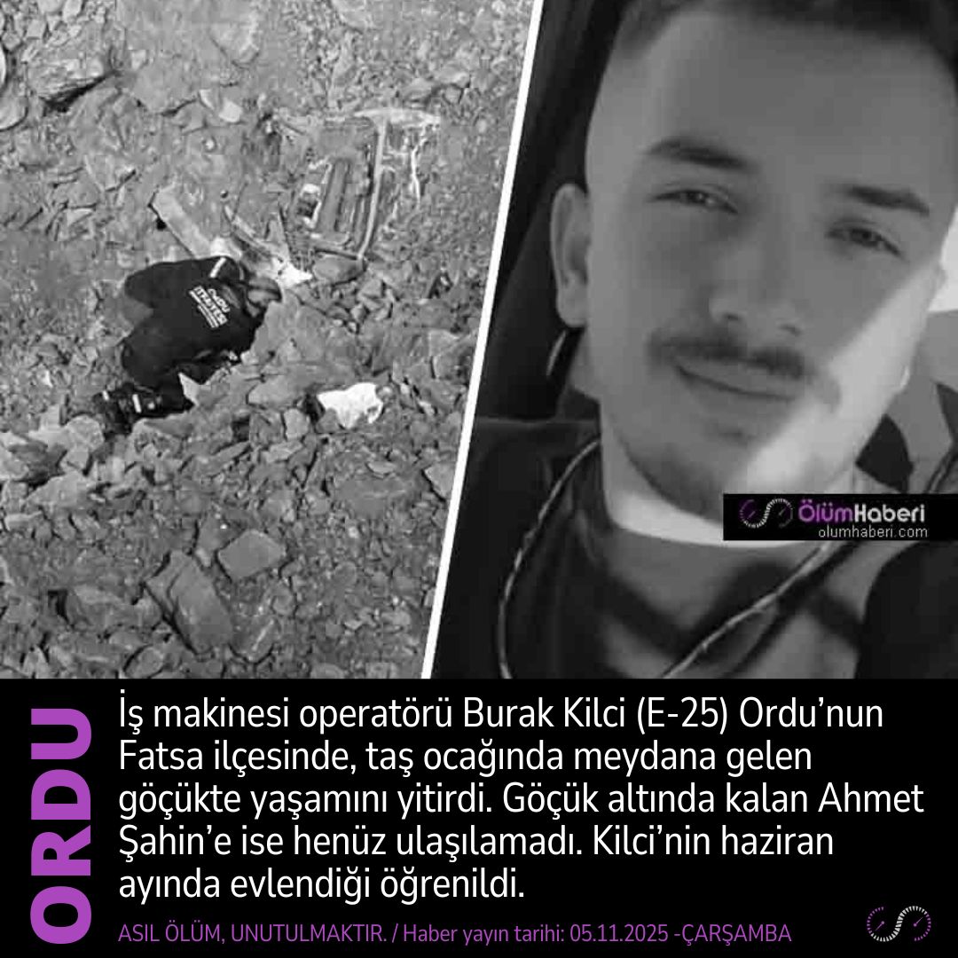 OlumHaberi's tweet image. İş makinesi operatörü Burak Kilci (E-25) Ordu Fatsa’da, taş ocağında meydana gelen göçükte yaşamını yitirdi.
olumhaberi.com/is-makinesi-op…
#ismakinesi #operator #BurakKilci #Ordu #Fatsa #vefat #cenaze #iskazasi