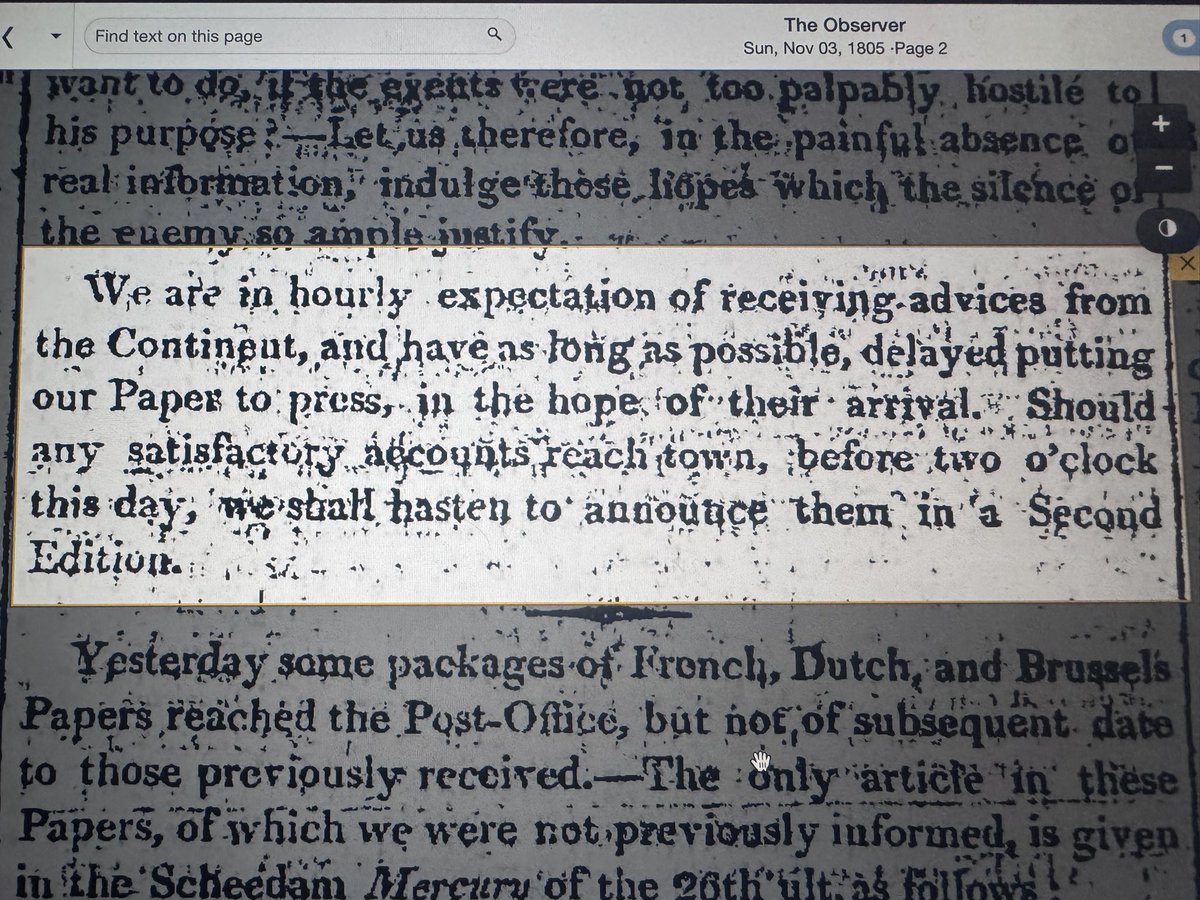 Just stumbled across this in the archive… The <a href="/ObserverUK/">The Observer</a>, 220 years ago, waiting for news of the battle of trafalgar and promising a second edition if it comes in