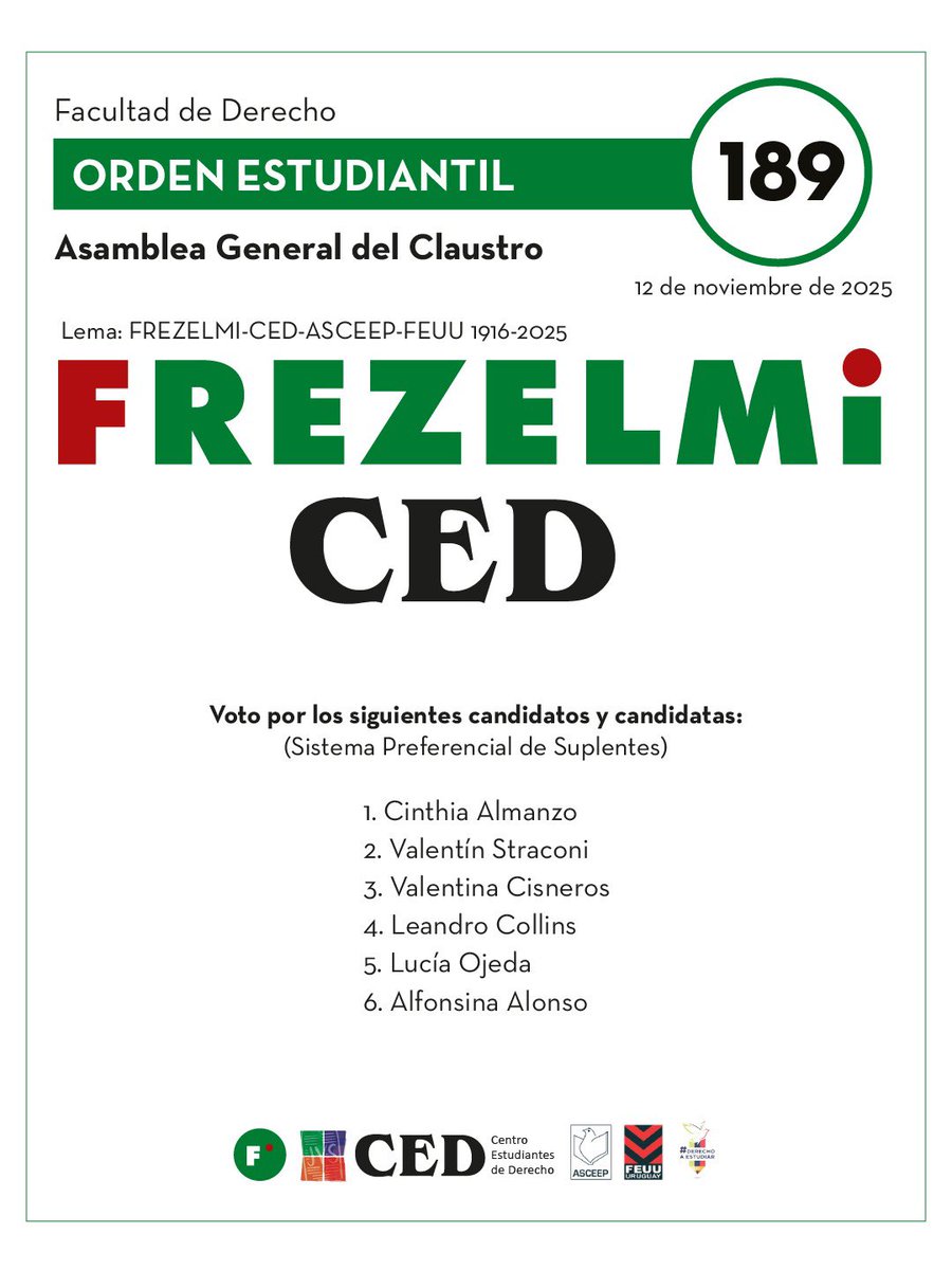 ¡Estas son nuestras listas para las próximas elecciones Universitarias!🗳️

Te presentamos a nuestras candidatas y candidatos para la Asamblea del Claustro de Facultad y la Asamblea General del Claustro.

Este miércoles 12 de noviembre, defendé tus derechos.

Votá FREZELMI
listas