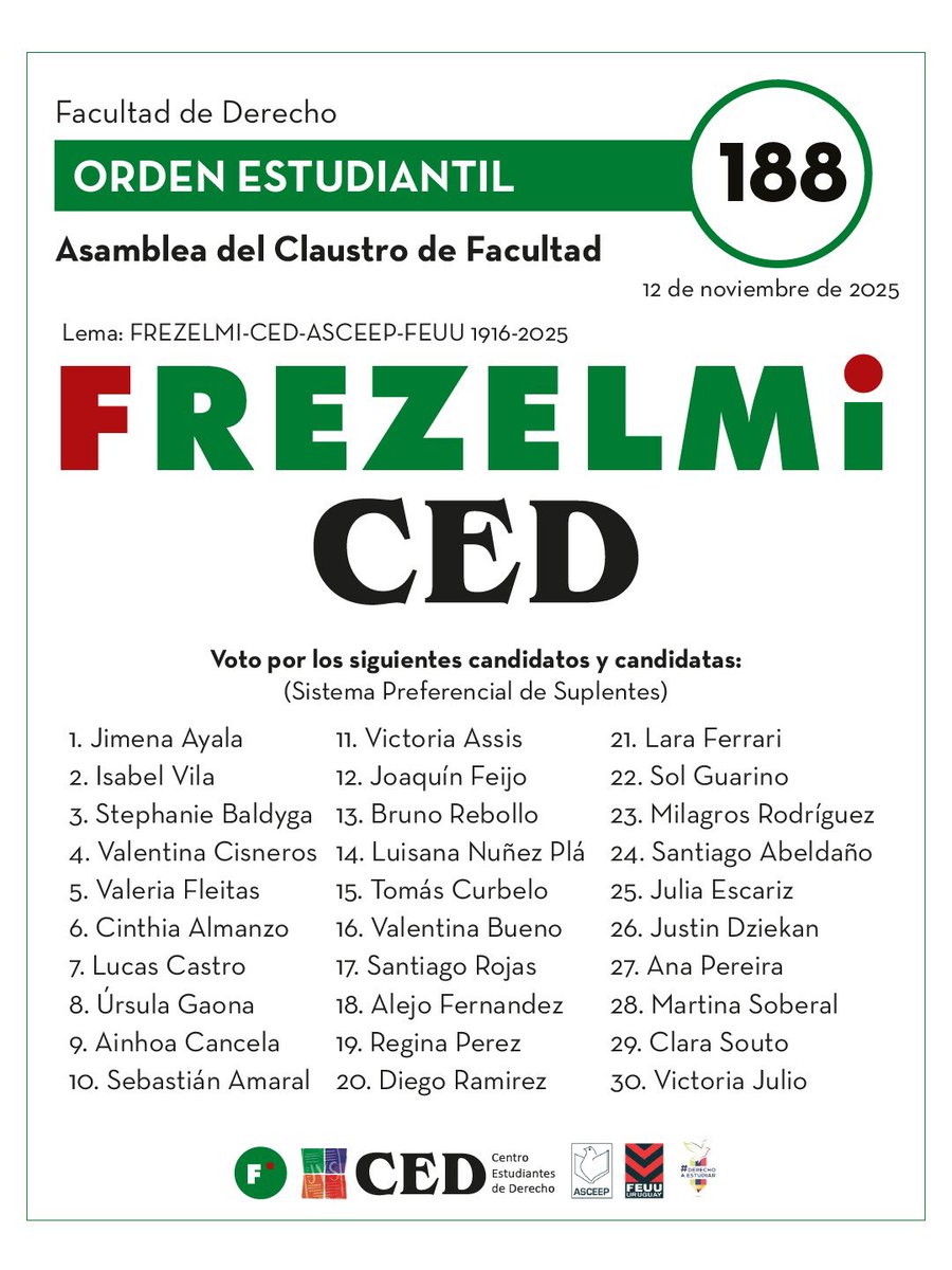 FREZELMI88's tweet photo. ¡Estas son nuestras listas para las próximas elecciones Universitarias!🗳️

Te presentamos a nuestras candidatas y candidatos para la Asamblea del Claustro de Facultad y la Asamblea General del Claustro.

Este miércoles 12 de noviembre, defendé tus derechos.

Votá FREZELMI
listas 188 + 189💚❤️