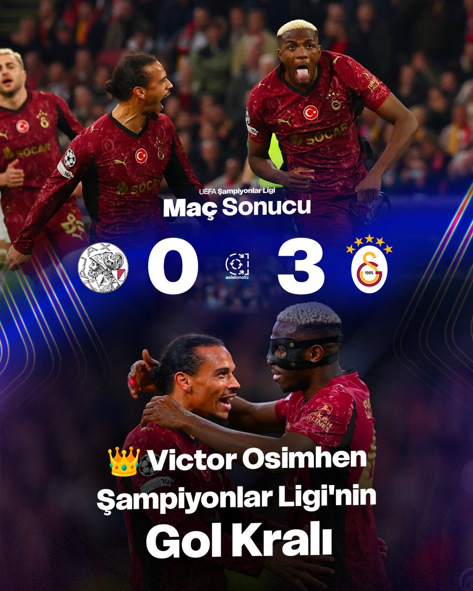 🟡🔴 Galatasaray, Ajax’ı deplasmanda mağlup ederek Şampiyonlar Ligi’nde puanını 9’a çıkardı.

👑⚽️ Victor Osimhen, yaptığı hat-trick ile Şampiyonlar Ligi gol krallığı yarışında zirveye oturdu.