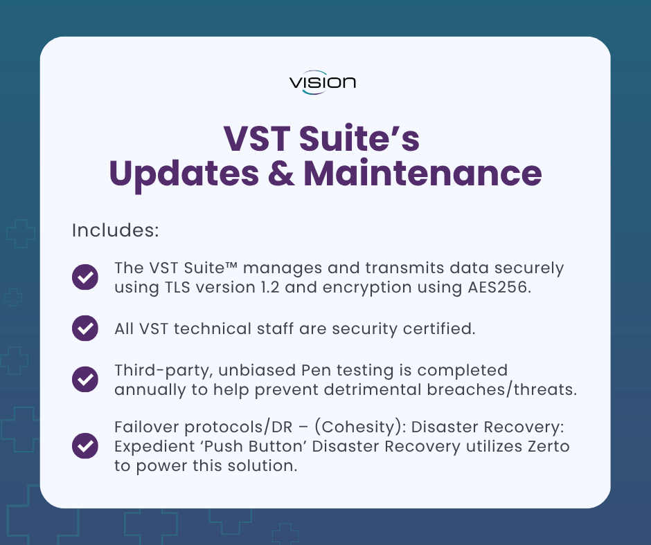 vision_software's tweet image. All software updates, server updates, and maintenance are included for our Vision Software customers. There are never extra costs passed onto our users for the updates. In addition, we maintain stringent safety standards with our hosted servers.  Check out what&apos;s included 👇
