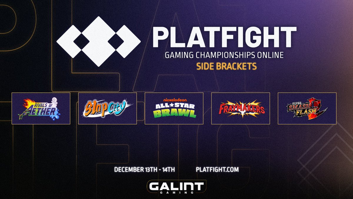 platfight's tweet image. Time to lock in—we&apos;ve got a stacked lineup of side events and singles brackets at #PlatfightOnline!

💜 Rivals of Aether
💜 Slap City
💜 Nickelodeon All-Star Brawl
💜 Fraymakers
💜 Super Smash Flash 2