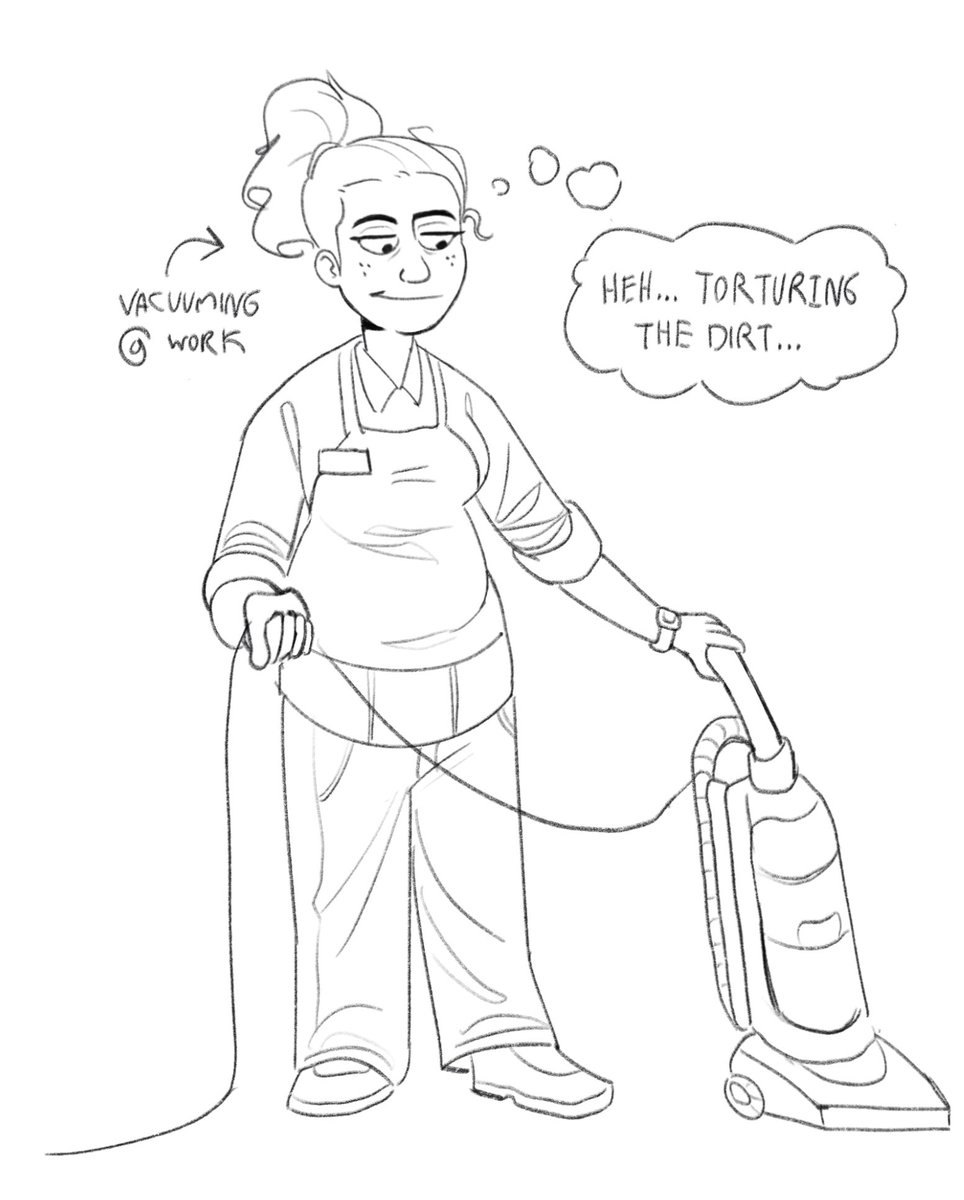 Forganforge's tweet image. Drawing of what happens every single time I vacuum the dining room at work