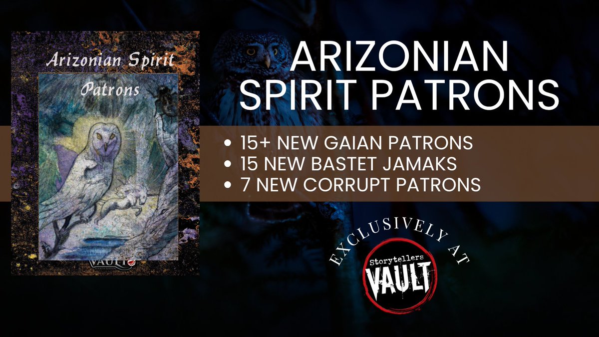 Arizonian Spirit Patrons is now available for Werewolf: The Apocalypse 20th Anniversary Edition.

Get it here: tinyurl.com/593rdt6j

New Pack Patrons with a focus on the realms around Arizona and other desert areas.
#ttrpgs #worldofdarkness