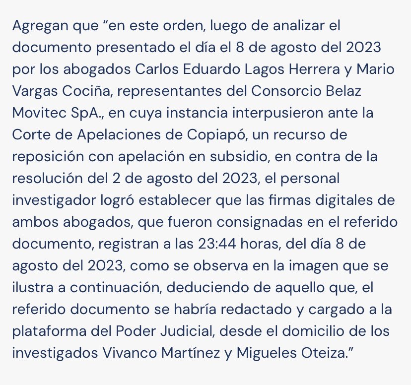 La Fiscalía acusa q la apelación q iba a conocer la Ministra Vivanco en la Corte Suprema en contra de Codelco, los abogados Vargas y Lagos lo presentaron el día 8 de agosto de 2023 a las 23:44 horas desde…. la casa de Vivanco. Esto es el caso más grave de corrupción  en el Pjud.