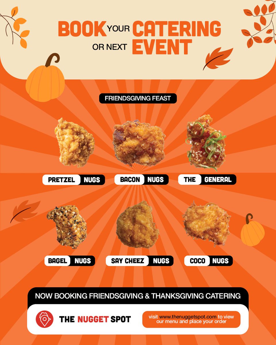Thanksgiving’s coming, and The Nugget Spot has your feast covered! 🦃

Our exclusive nugget flavors are still up for grabs — but not for long. Order early on TheNuggetSpot.com and lock in your Friendsgiving favorites before the holiday rush 🧡