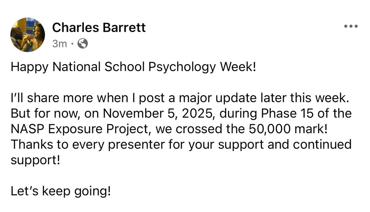 _charlesbarrett's tweet image. Happy National School Psychology Week!

…we crossed the 50,000 mark! Thanks to every presenter for your support and continued support!

Let’s keep going!

Materials: lnkd.in/egDF3hg5
 
Submit Data: lnkd.in/ermZPf8
#NASPExposureProject #NASPEP #NASPAdvocates #SP4SJ