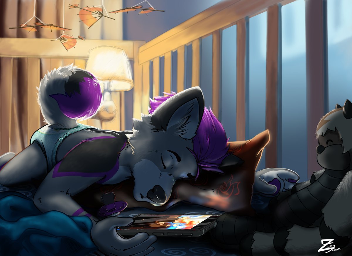 lilsciencepup's tweet photo. "After a long day, the bedtime routine is quite simple. A fresh diaper, a soft bed, and a comfort show for good measure." 

I'm head over heels with this YCH from @ZeftyArt. He went above and beyond when I asked for some The Last Airbender props. I couldn't love this more. 🥰 https://t.co/5tCWdaNtAo