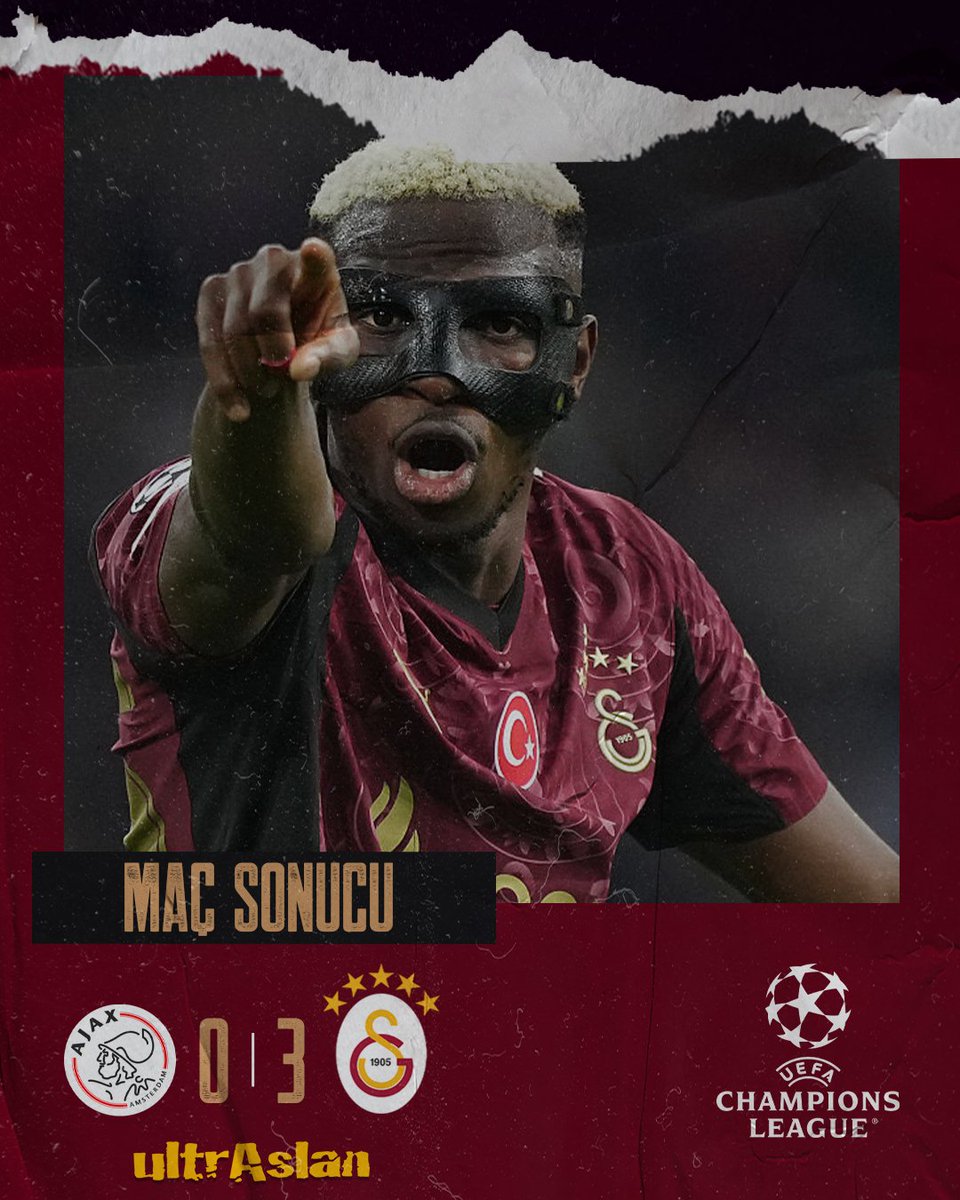 🏆 #UCL 4. Hafta

🟨🟥 MAÇ SONUCU 

Ajax 0 - 3 GALATASARAYIMIZ

⚽️ 59’ Victor Osimhen
⚽️ 66’ Victor Osimhen
⚽️ 78’ Victor Osimhen

#ultrAslan