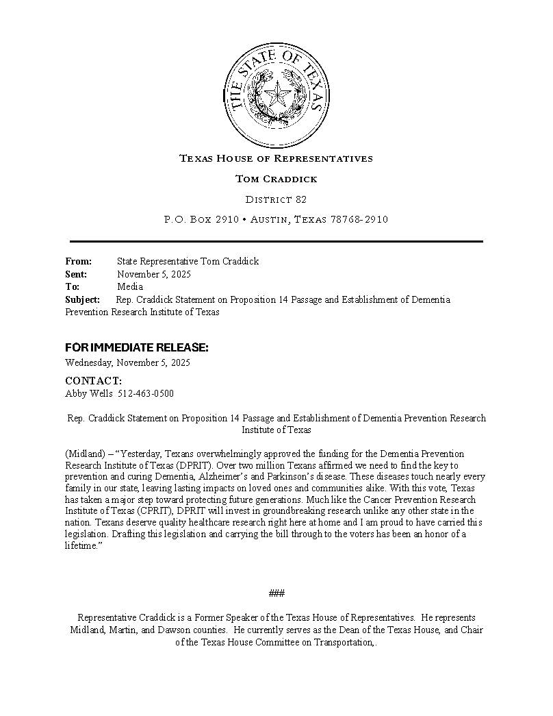 TomCraddick2's tweet photo. Over 2 million Texans voted to approve funding for the Dementia Prevention Research Institute of Texas (DPRIT). This historic investment will fund research into Alzheimer’s, Dementia, and Parkinson’s diseases. I am proud to have authored this legislation.

See my statement on the passage of Proposition 14:

#txlege #Prop14