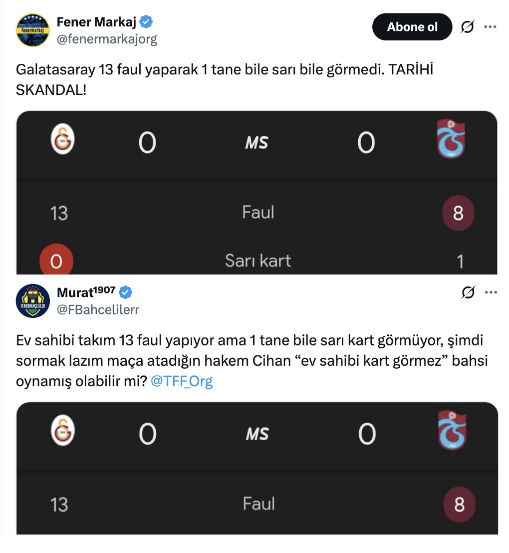 Ajax maçında 15 faul yapan Galatasaray, maçı kart görmeden tamamladı.

Şampiyonlar Ligi'nde son 2 maçında 23 faul yaptı 1 sarı kart gördü.

Frankfurt, Bodo, Ajax maçlarında yaptığı faul sayısı: 34
Frankfurt, Bodo, Ajax maçlarında gördüğü kart sayısı: 1

KART ŞİKESİ AVRUPA'DA!